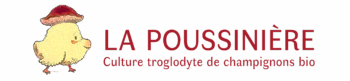 Logo de La Poussinière, Culture troglodyte de champignons bio avec un poussin portant un champignon rouge en guise de chapeau